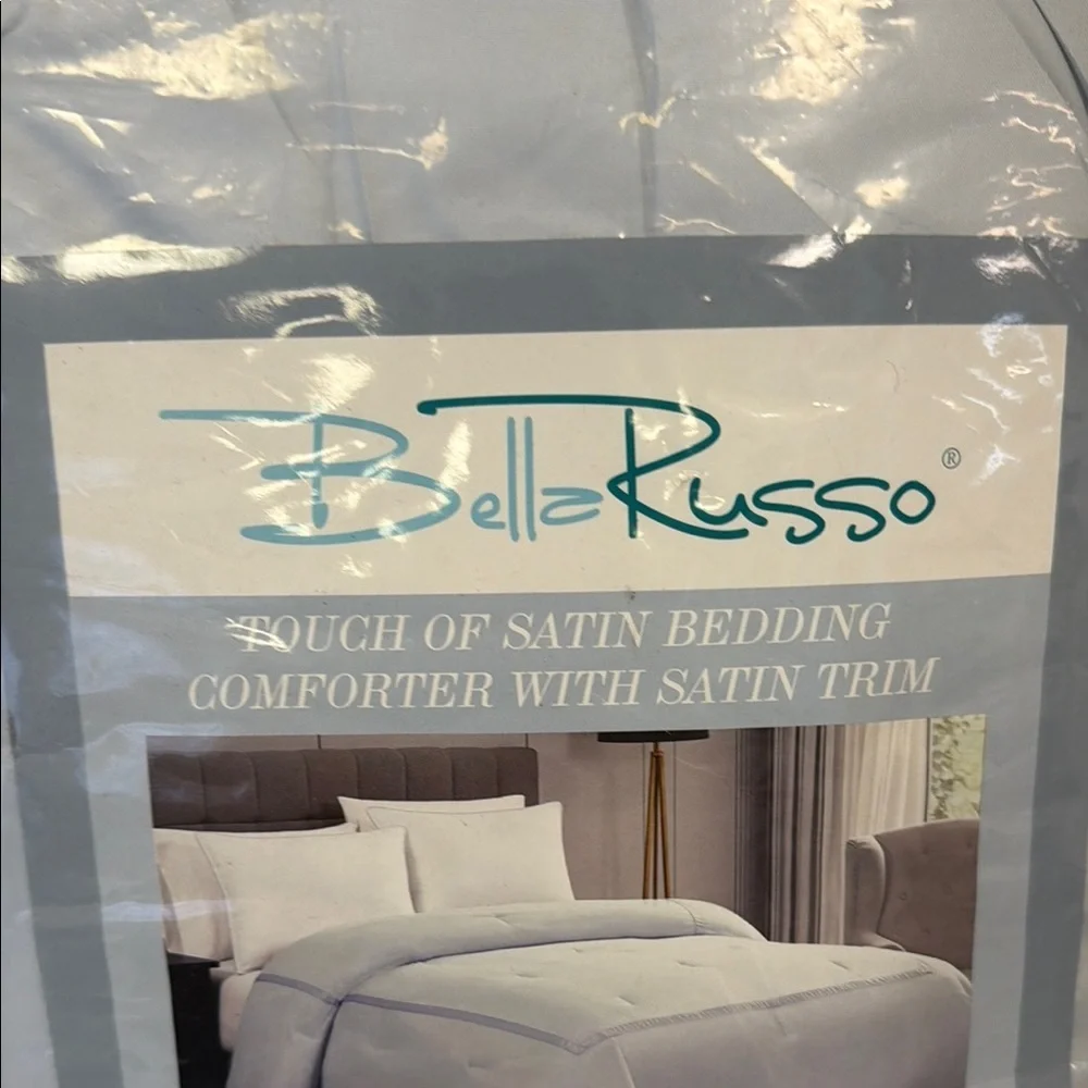 Bella Russo Satin Comforter Light Blue with Blue Trim Matching Queen Sheet Set